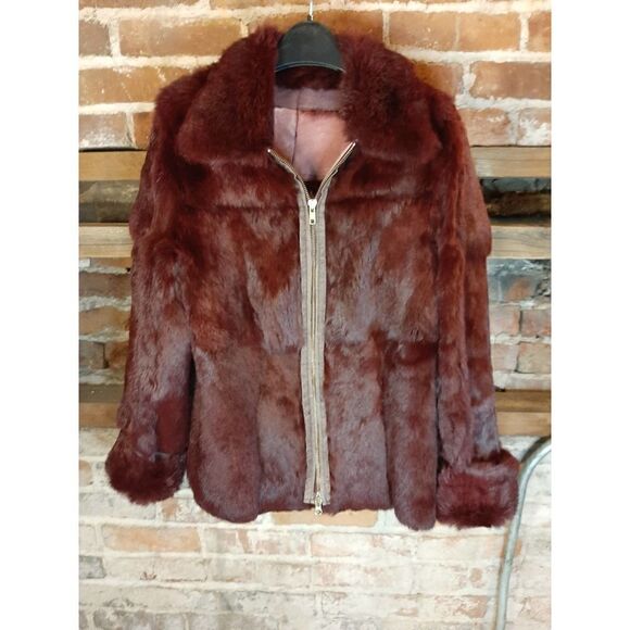 Rabbit Fur Zip Up Coat Deep Red - Picture 1 of 9